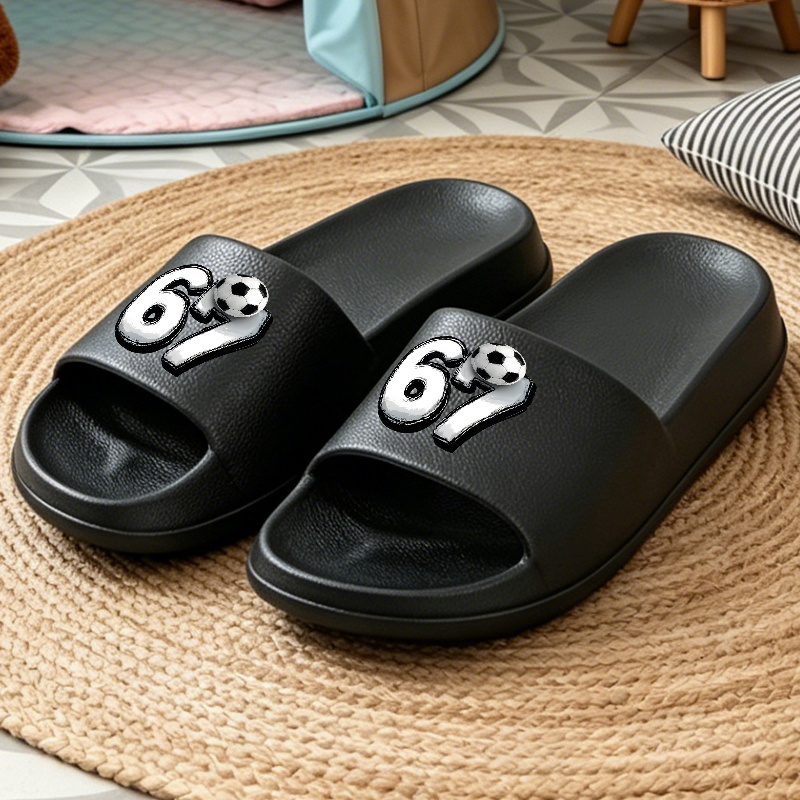TEMU 1pair Football And "67" Printed Large Size Slippers, Portable Slippers, Lightweight Quick-drying Slippers, Travel Slippers, Couple Slippers,
