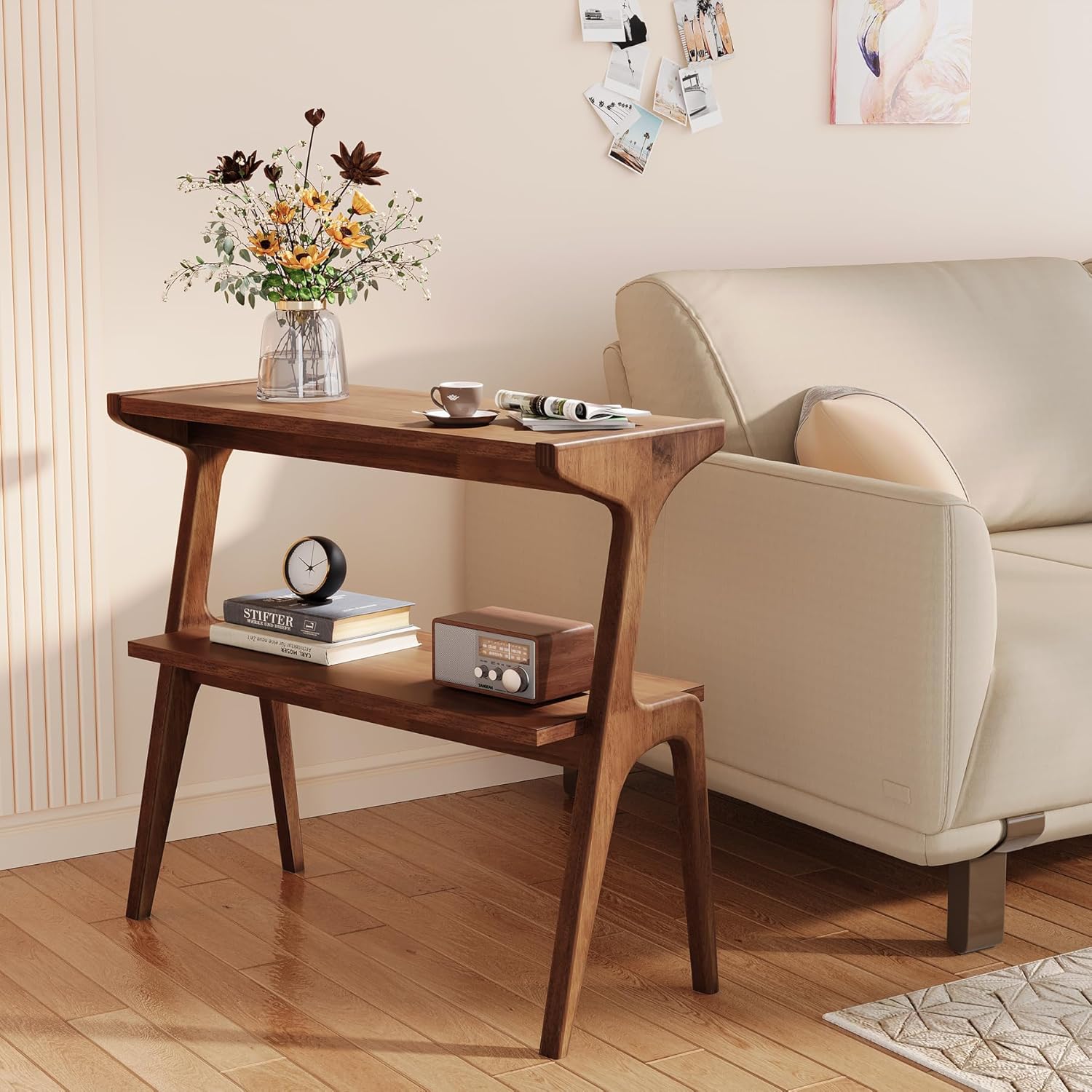 TEMU Table d'appoint en bois avec étagère de rangement à 2 niveaux - Table de chevet mince et de place pour , meuble d'accent moderne marron rustique