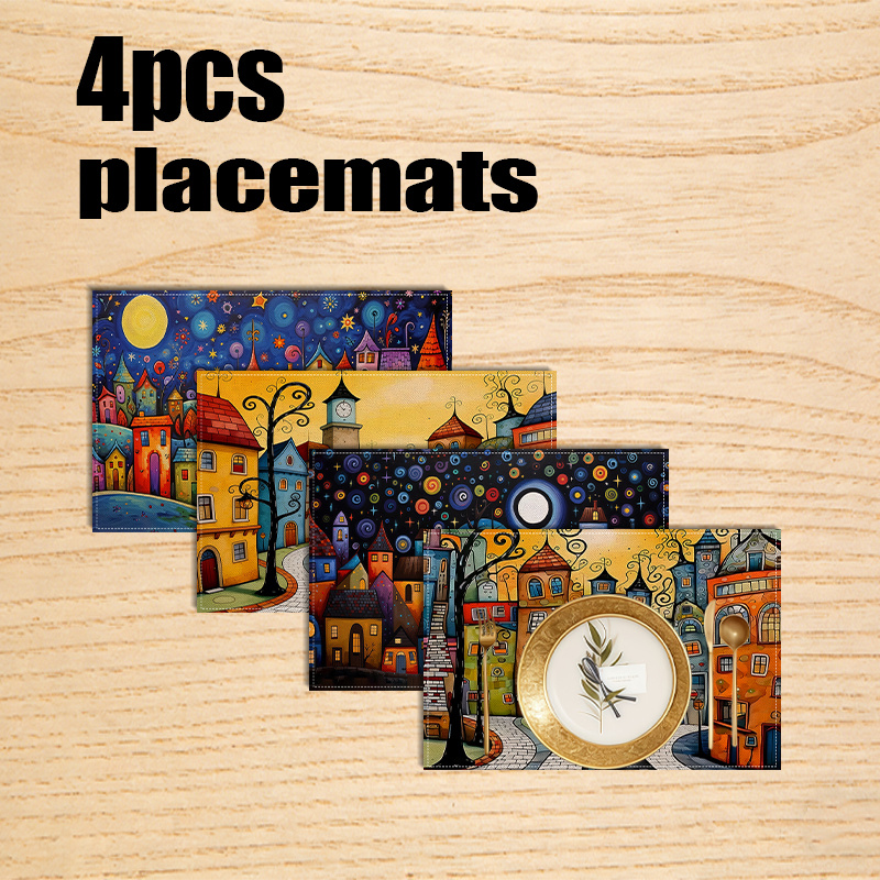 TEMU Set Of 4 Colorful Oil Painting Designed Placemats, 12Ã18 Inches Polyester Rectangular Table Mats, Featuring A Combination, Suitable For Dining