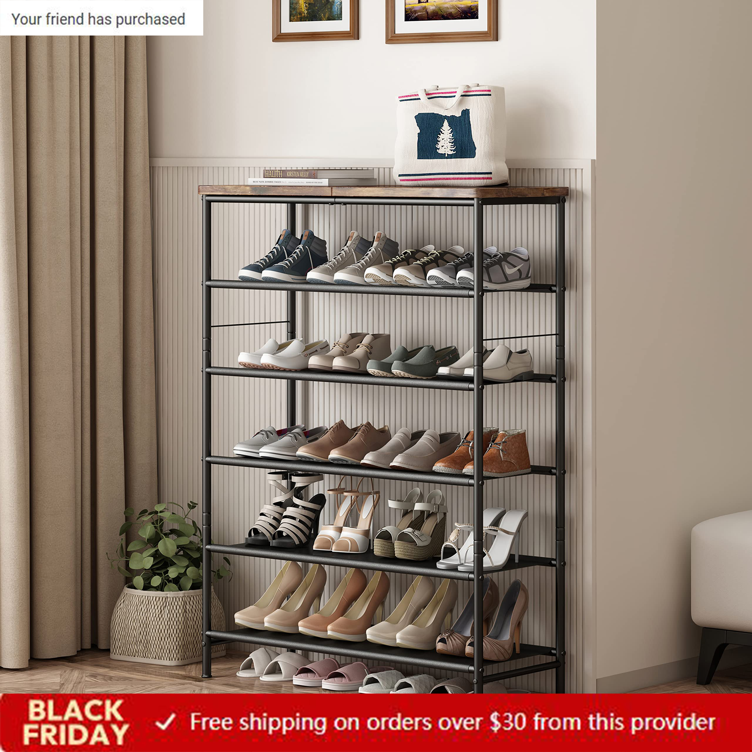 

Shoe Rack, 6-tier Shoe Storage Rack For 24-30 Pairs Of Shoes, Shoe Organizer For Entryway, With 3 Fabric Shelves And Wooden Top, , Industrial