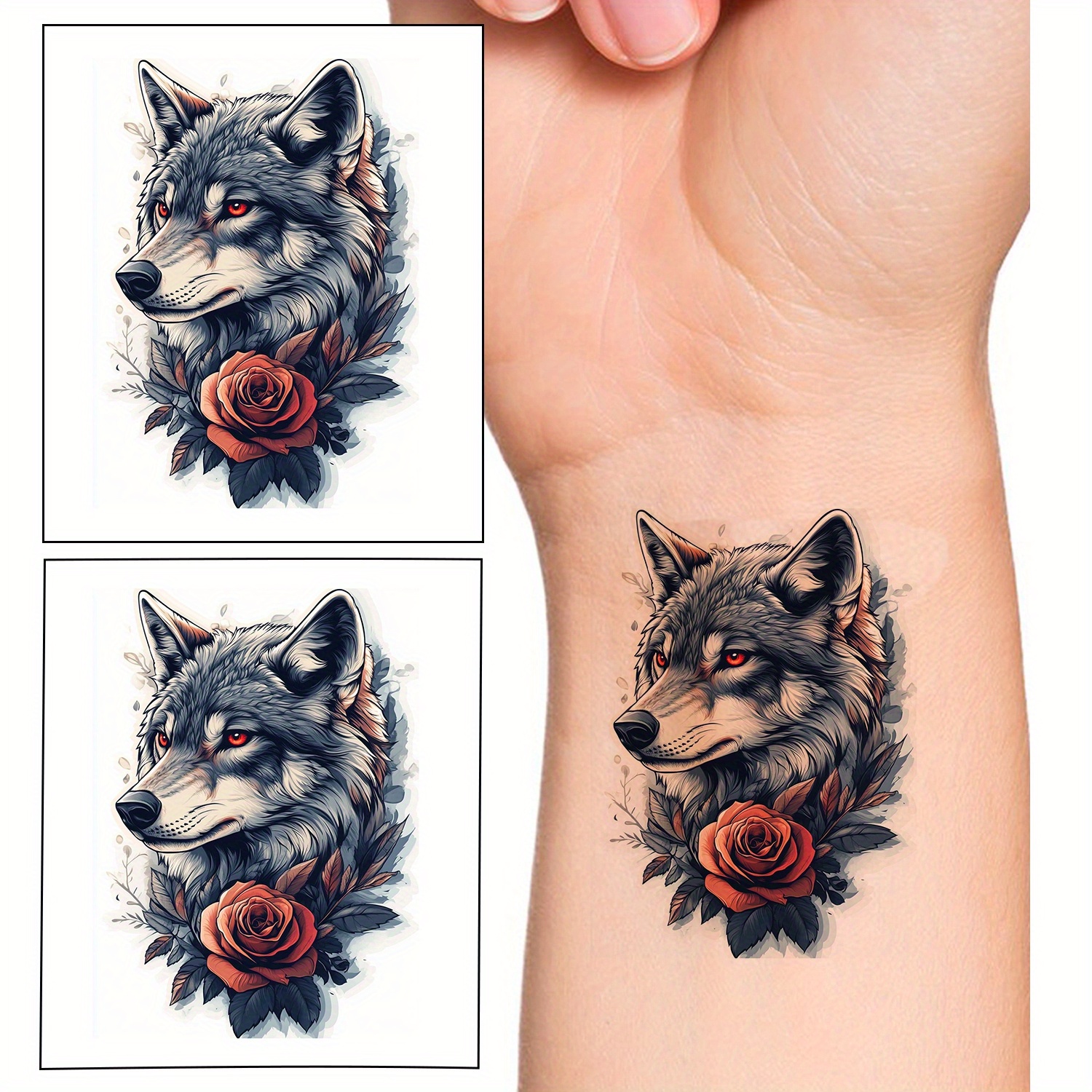 Image of 2 Sheets Of Temporary Tattoos Featuring Rose And Wolf Designs, Perfect For Body Art, For Party Decorations, And Favors. Fake Tattoos To The Neck, , And Chest For Men And Women