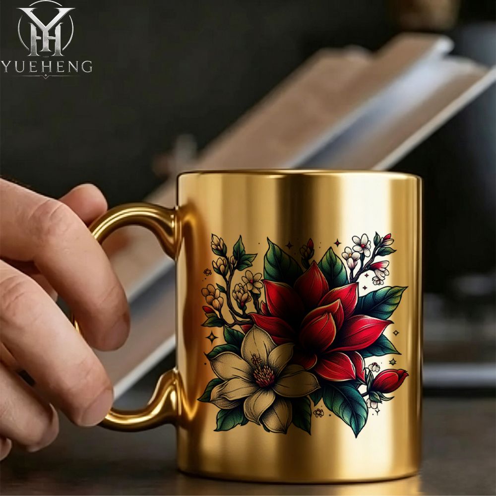 TEMU 1pc, Vintage Red And White Floral Illustration, Luxurious Finish, Durable And Beautiful Ceramic Mug, 11oz, High-temperature Underglaze ,
