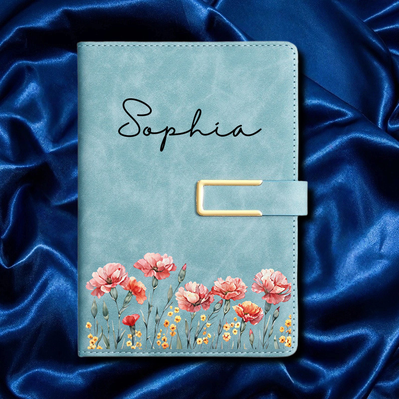 TEMU Custom Name Floral Journal, Personalized Cursive Script Notebook, Sage Green Faux Leather Diary With Golden, Watercolor Carnation Flower Cover,