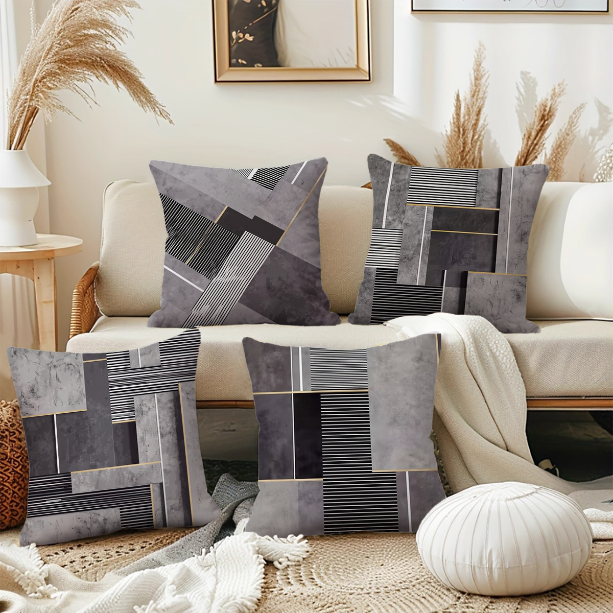 TEMU 2d 4pcs Matching Gray-black Geometric Pillow Covers, Optional, 2d Flat Print Single-sided, Pillow Inserts Not Included, Matching 4 Styles Of