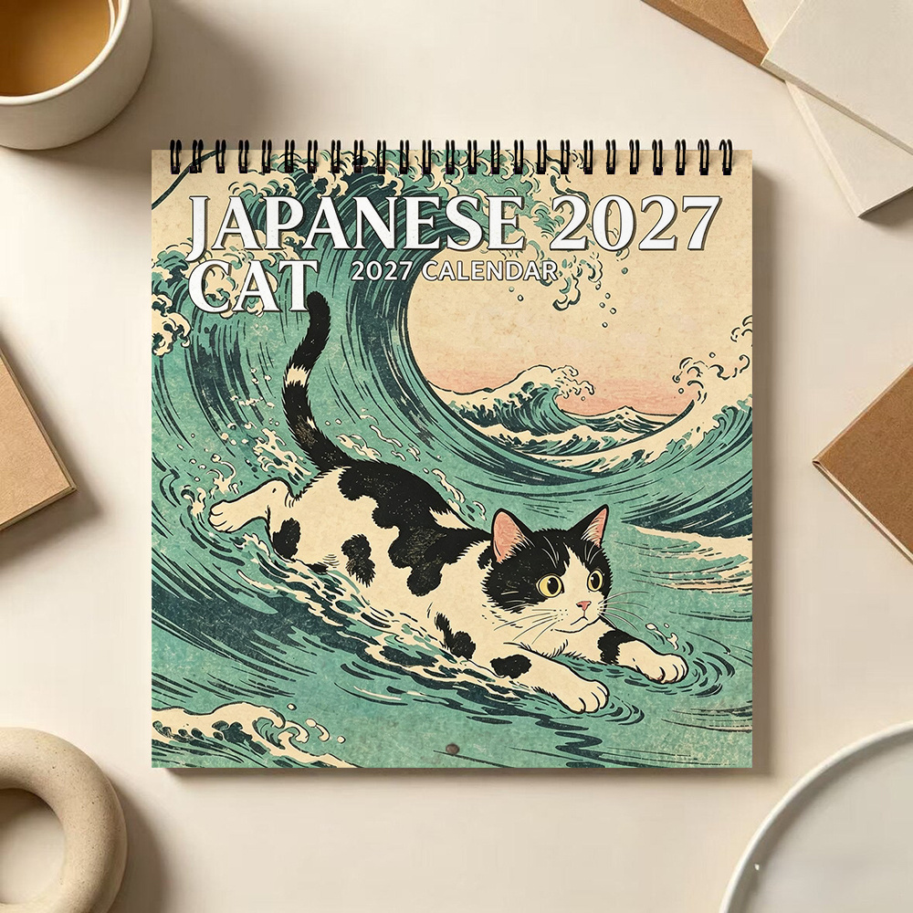 TEMU 1pc, 2027 Japanese Cat Wall Calendar 8.3x8.3 Inch -e Wave Art Monthly Hanging Calendar Home Office Wall Decor Cute Cat Pattern Thick Paper