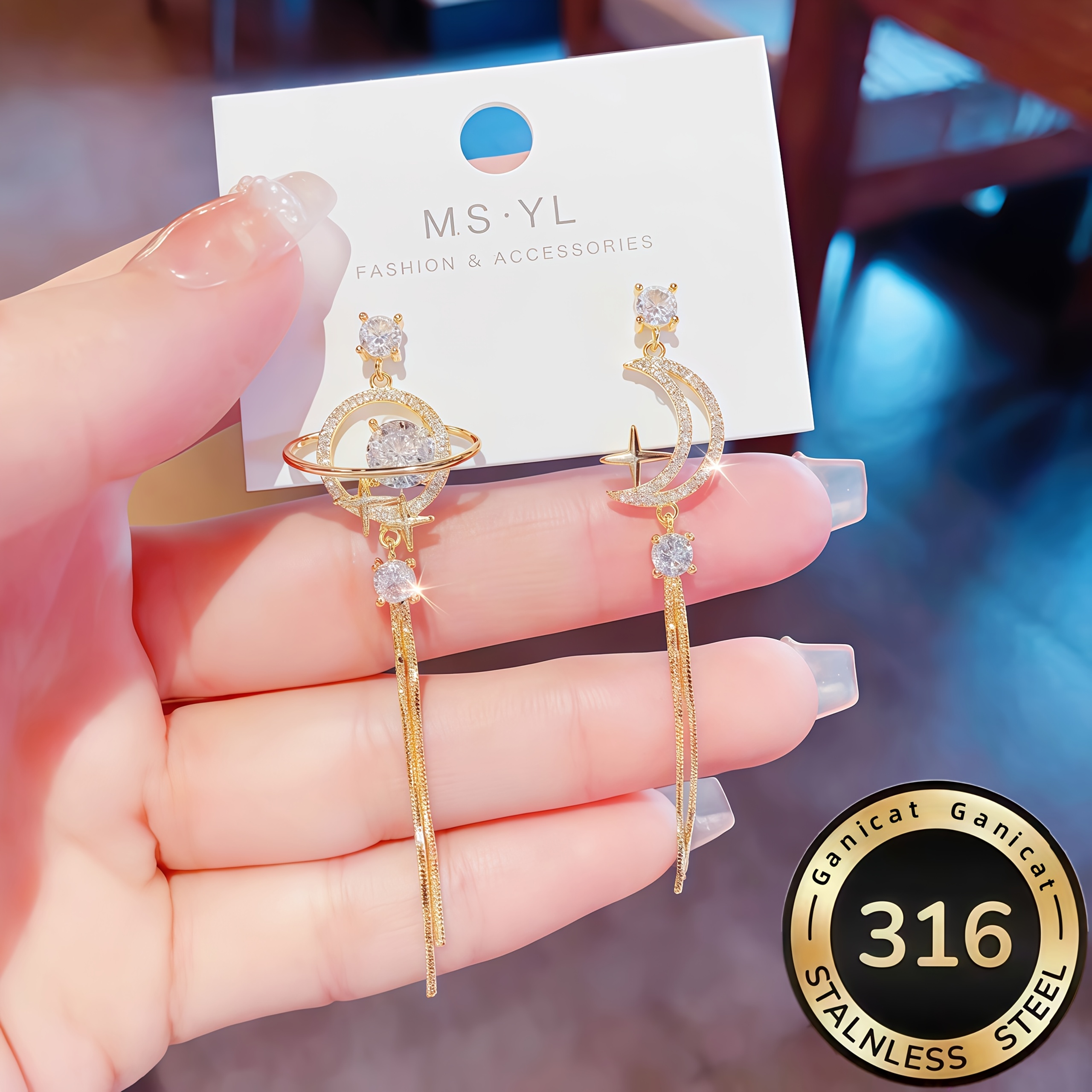 TEMU 2pcs Asymmetrical Planet And Moon Tassel Earrings With A Romantic Starry Sky Feel, Women's Fashion Dangle Earrings, Suitable As A Perfect