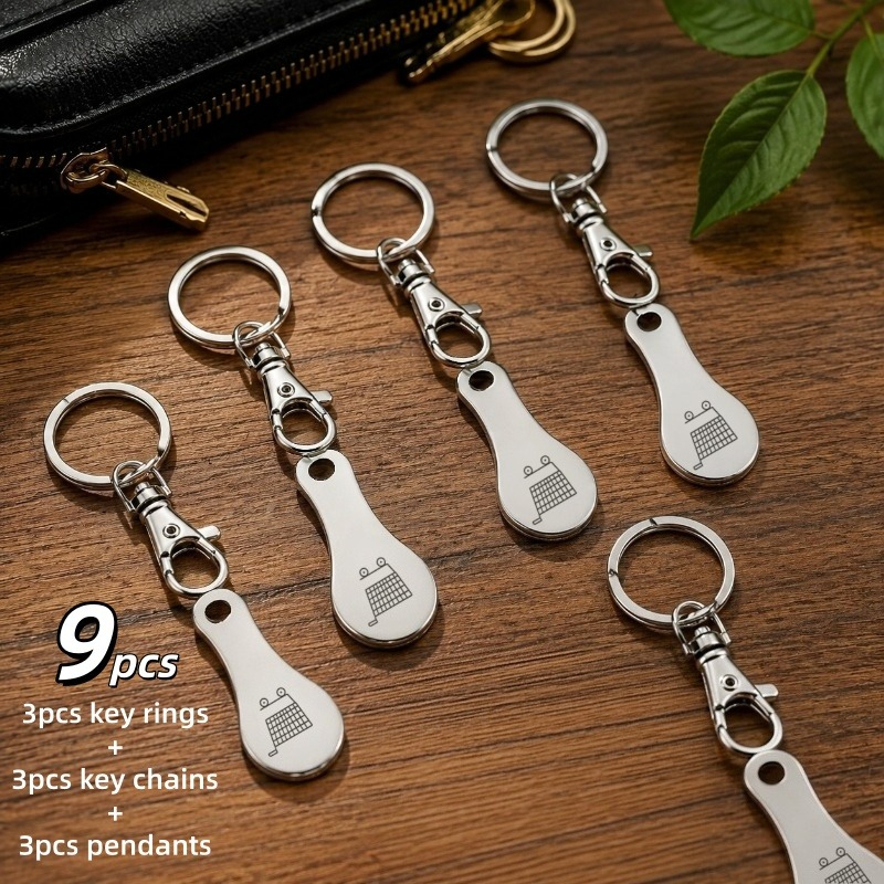 TEMU 9pcs Stainless Steel Shopping Cart Keychain Set With Cart Logo Pattern, Featuring , Stylish, And Suitable For Men And Women. Ideal For Casual