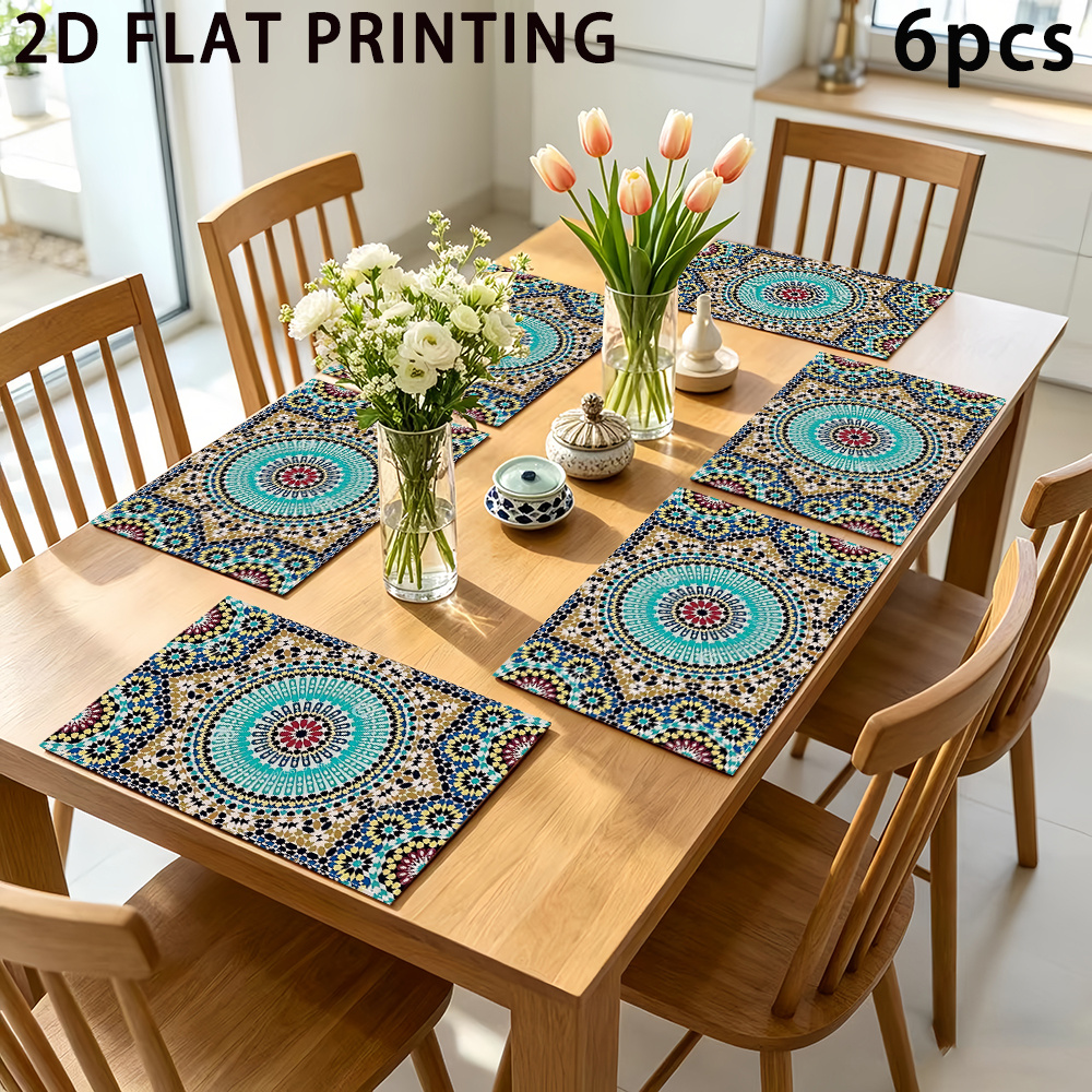 TEMU Lot de 6 sets de table marocains pour tables à manger, napperons lavables en avec marocains, protège-tables rectangulaires lavables à pour