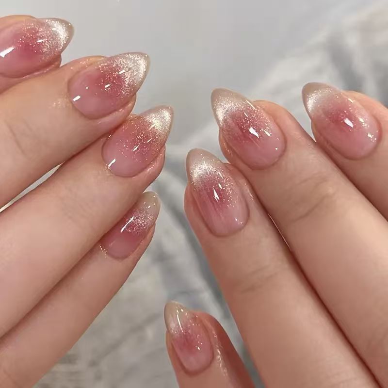 TEMU Almond Shape Short Press-on Nails - Glossy Pink Nude Cat- With Gradient, Reusable Artificial Nails For Everyday Special Occasions