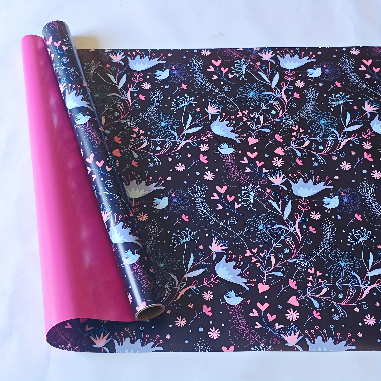 TEMU 1 Rolle extra lange Geschenkpapierrolle 43,18 cm x 299,72 cm – Elegantes Pastell- & Marineblau/Rosa/Schwarz/Grau/Weiß/, Herzen, Vögel,