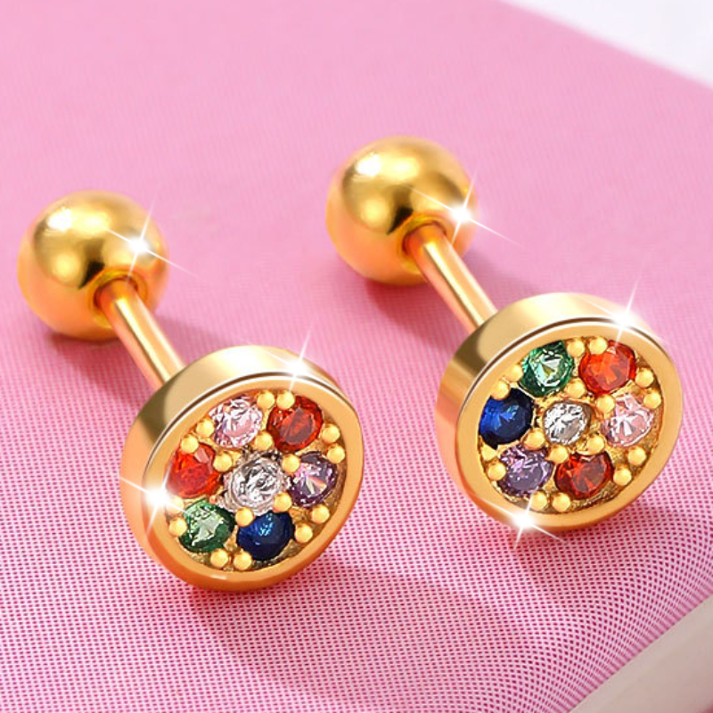 TEMU 2pcs Exquisite Inlaid Round Colored Synthetic Zirconia Stud Earrings, Beautiful Jewelry, Wearable , Very Suitable For Holiday Weddings Banquets