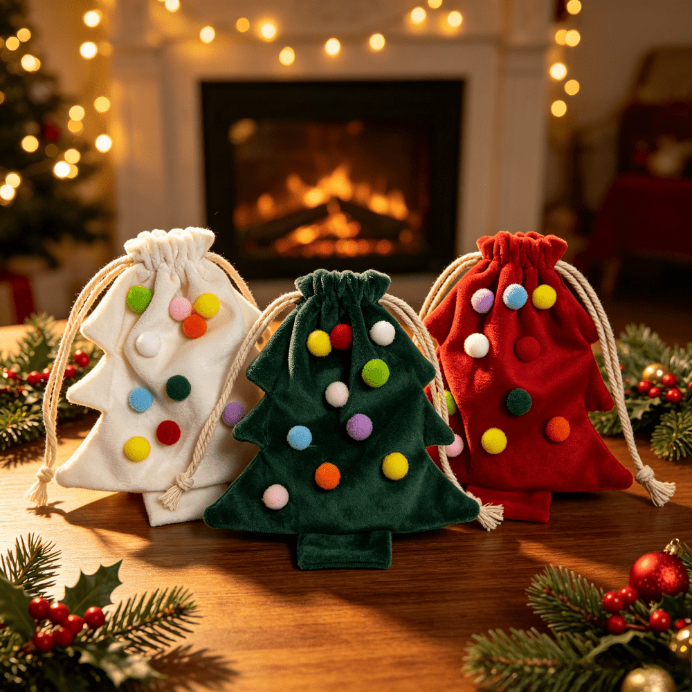 TEMU 3pcs Christmas Tree Drawstring Bag With Plush Pom-pom, Fluffy Fuzzy Candy Pouch For Holiday Gifts, Xmas Goodie Sack With Soft Ball Accent,