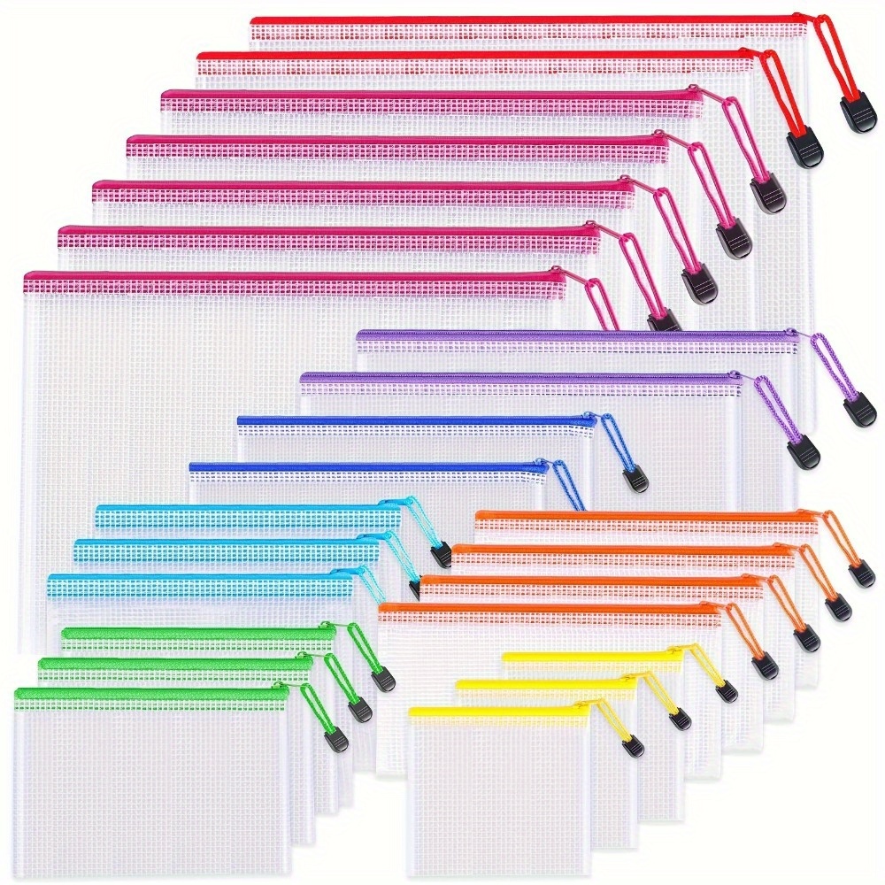 TEMU 24pcs Mesh Zipper Document Bags - Durable Organizer Pouches With Secure Zipper Closure, Vibrant Colors For Travel, School, Office, Board Games &
