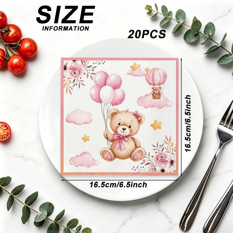 TEMU 20 Stück rosa Teddybär-Servietten, geeignet für Babypartys, Taufpartys, Geburtstage – Einweg-Tischdeko im Teddybär-Thema für Anlässe, geeignet