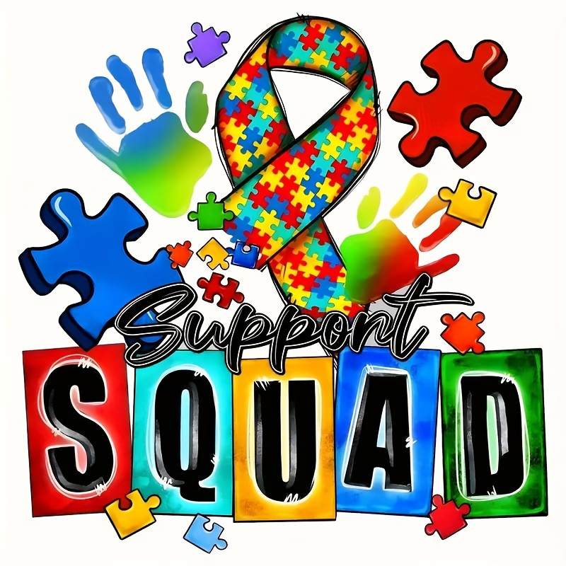 TEMU Vinyl Iron-on Transfer Decals For Awareness, Featuring A Multicolored Puzzle Piece And Awareness Ribbon Design. Durable And Washable Decorative