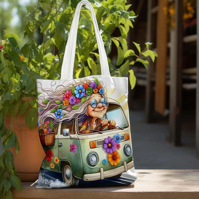 

Chic Retro Hippie Grandma Print Canvas Tote - Spacious & Reusable Shopping Bag, Stylish Women's Handbag For Use