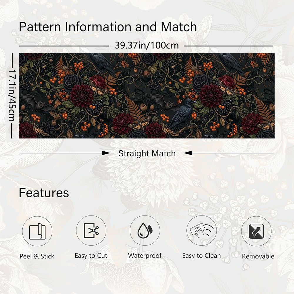 TEMU 1 Roll 45x100cm (17.7x39.4in) Black Wallpaper Peel And Stick Floral Wall Paper Removable Dark Gothic Botanical Contact Paper Self Adhesive For