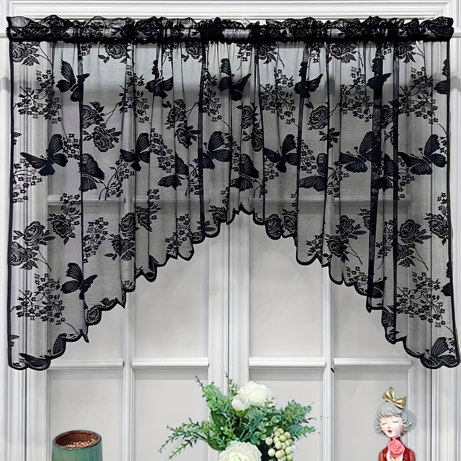TEMU 1 pièce Panneau de rideau voilage transparent avec pompon en dentelle et passe-tringle - Rideaux de fenêtre semi-transparents adaptés pour