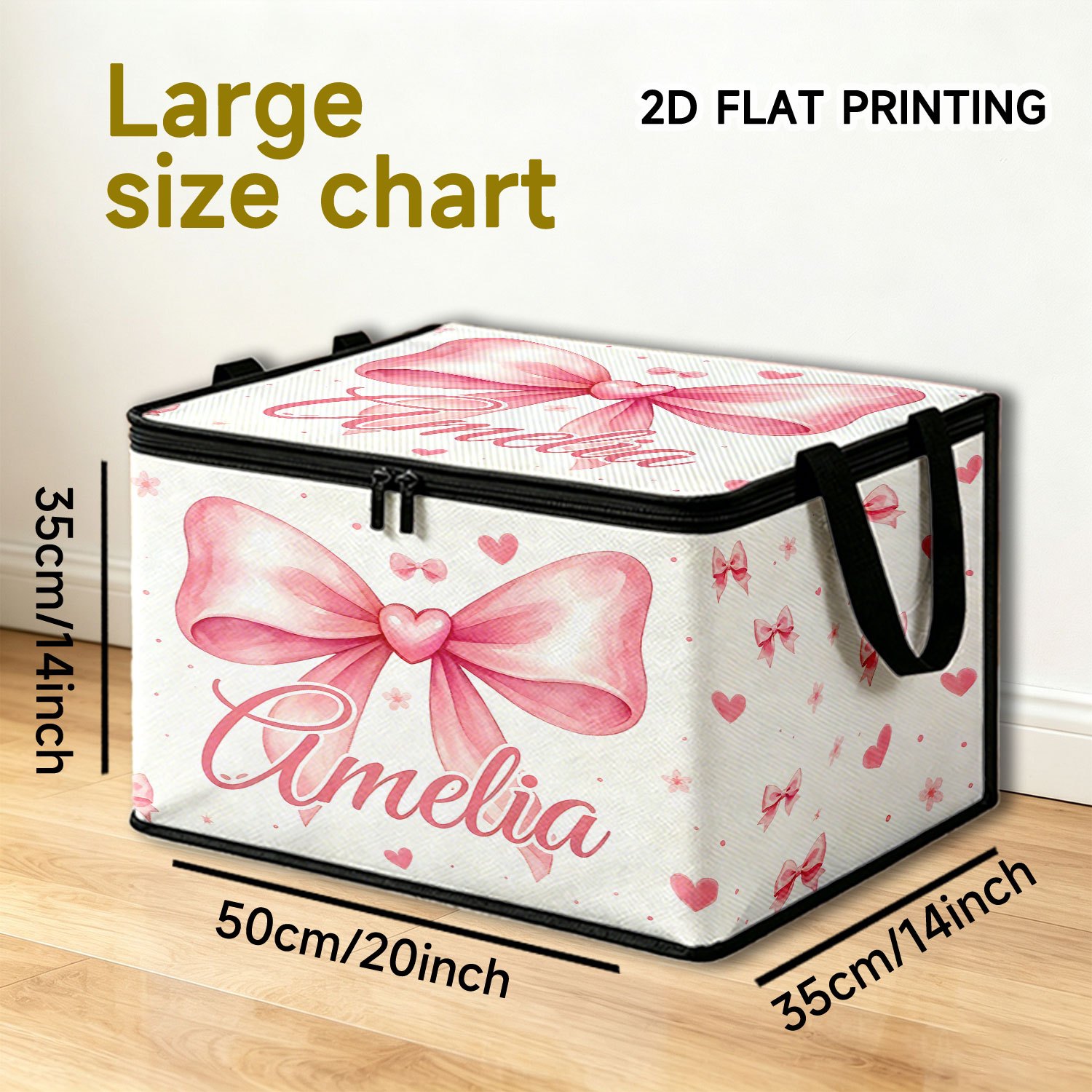 TEMU 1pc Customizable Name/text Pink Bow Heart Storage Box With Labeling - Soft Oxford Fabric Suitable For Under-bed, Wardrobe & Desk, Foldable
