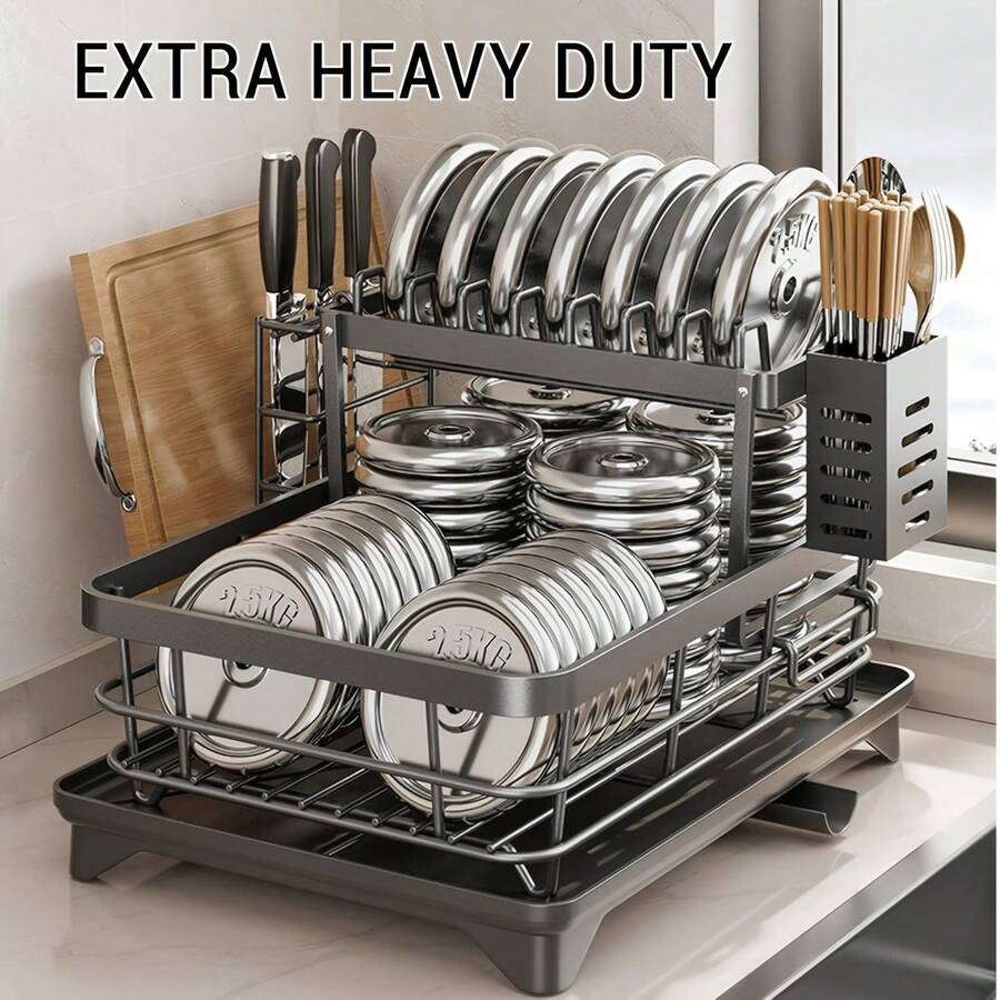 2 Tier Black Expandable Dish Rack, Large Capacity Kitchen Countertop Drying Rack With Drain Tray, Plate Bowl Cup& Pot Holder, Over Sink Dish Organizer, Space Kitchen Storage