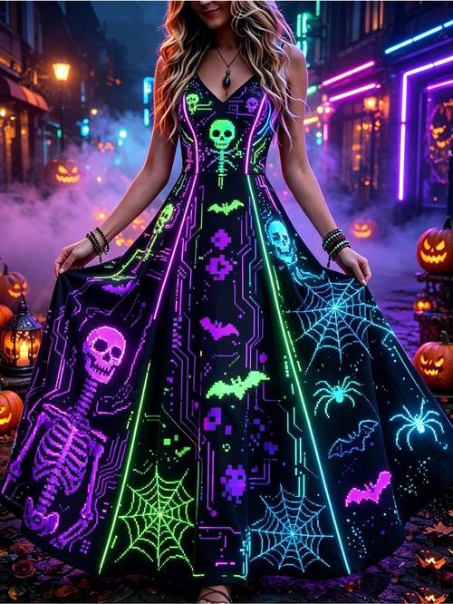 womens long for halloween themed dress with glowing neon green purple blue skeleton bat web pixel art patterns mixed color multiple specs ideal for halloween parties themed night events 2026 new model
