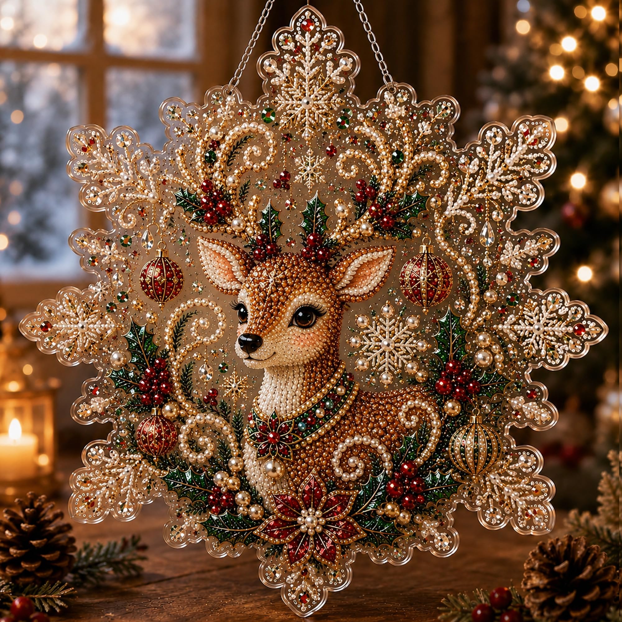 TEMU Weihnachts-Perlen-Diamant Malerei Lichtabsorbierendes Brett Set Bastelset, Vorgebauter Metallkette Acryl Schneeflockenförmiges Brett mit