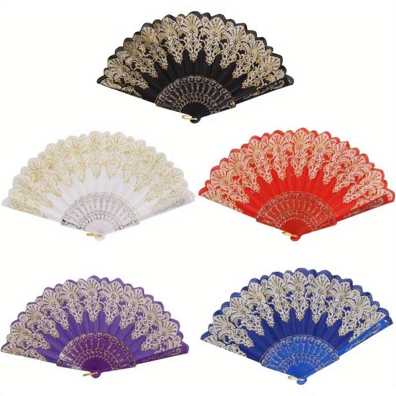 5pcs Spanish Folding Retro Pattern Hand Fan For Women, Handheld Chinese Folding Fan Hand Fan For Party Dancing Wedding And Home Decoration (a-5 Colors), Random
