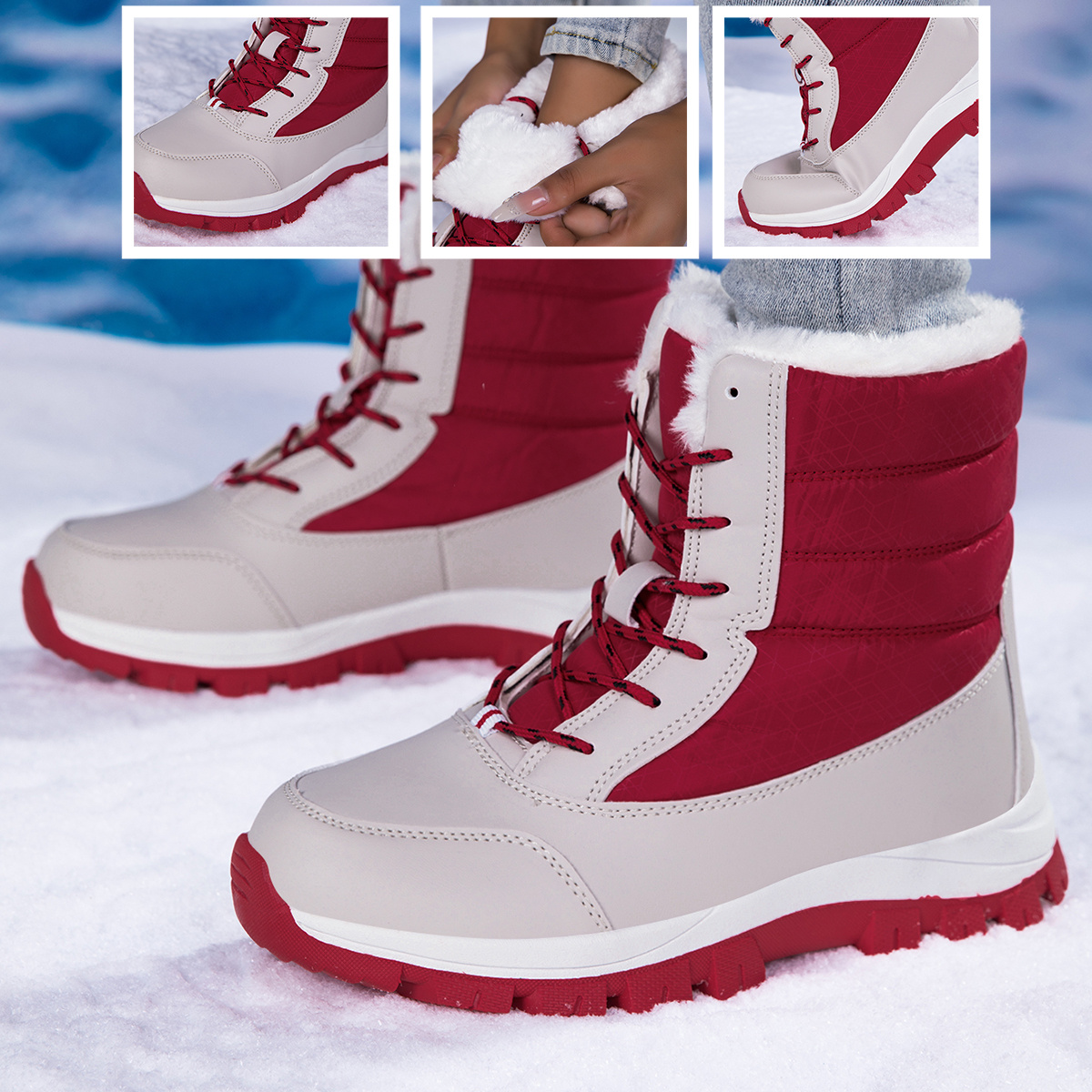 Image of Fashion Women Non-wide Toe Box Plush Thickened Snow Boots Navy Diamond Spliced Upper Large Plush Collar For Snow Date Outdoor Trips Warm Women Boots