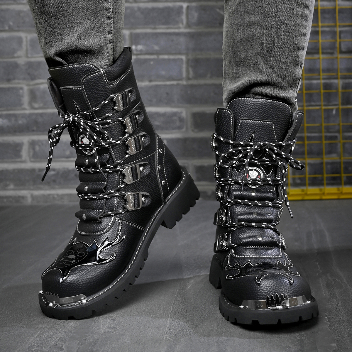 mens punk rock style calf boots multiple metal - Temu Oman
