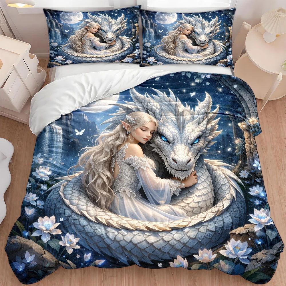TEMU 3pcs Fantasy Elf White Dragon Duvet Cover Set, Bedding 3pcs Set (1*duvet Cover   2*pillowcases), Suitable For , Machine Washable, Invisible