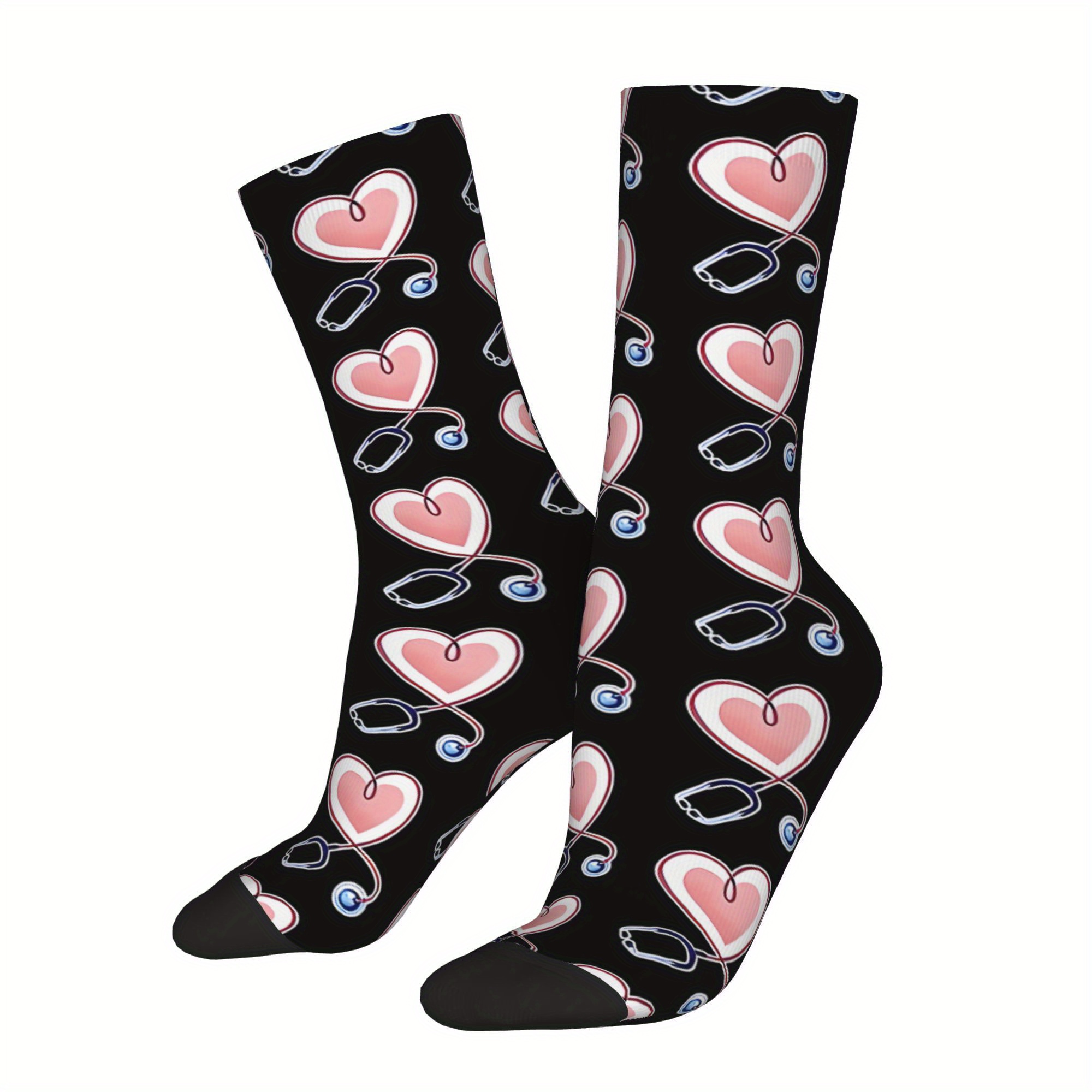 

1 Pair Crew Socks For Men And Women - Polyester Knit Fabric With Stethoscope And Heart Print - Hand Washable, Fit, Novelty Street