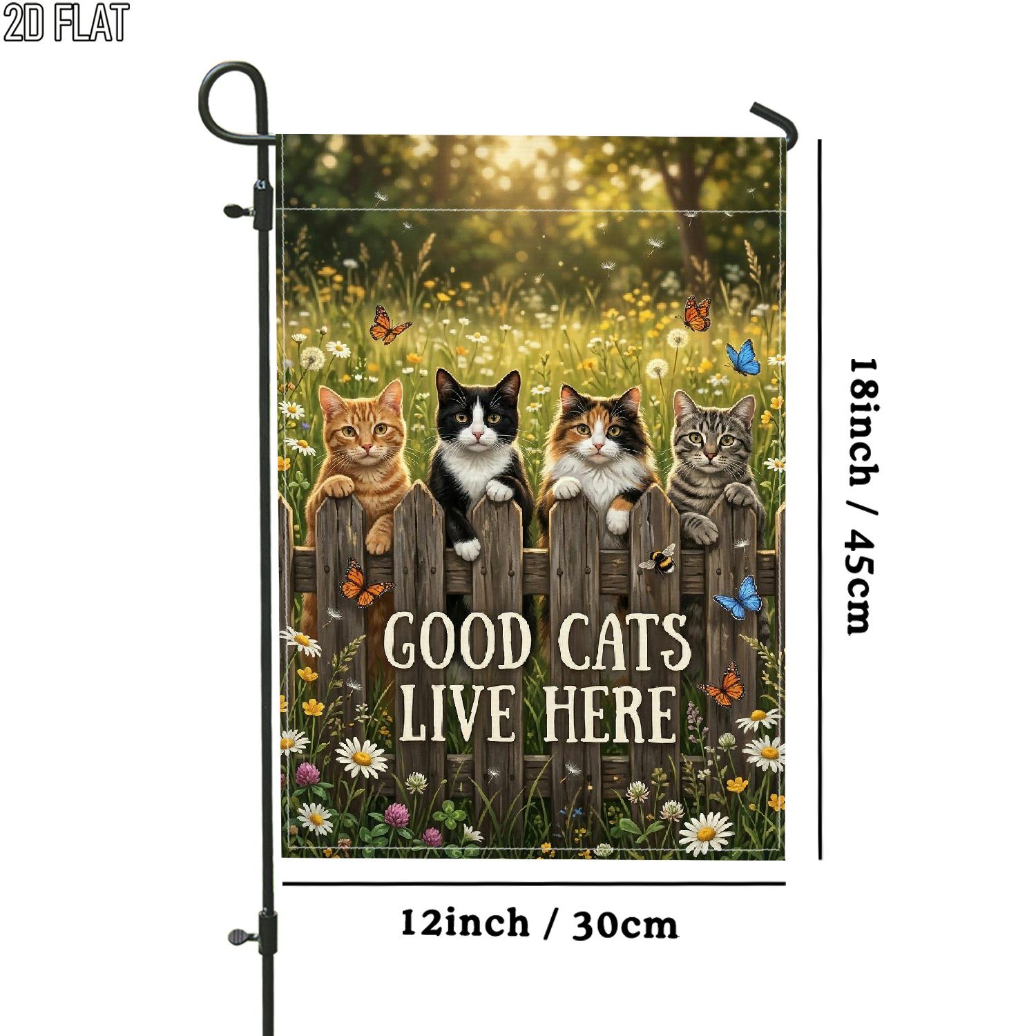 TEMU 2d Flat, 2d Flat 1pc Outdoor Garden Flag Cute Cats Flowers Butterflies Green Yellow Brown Vertical Double Sided Flag Porch Decoration For Garden