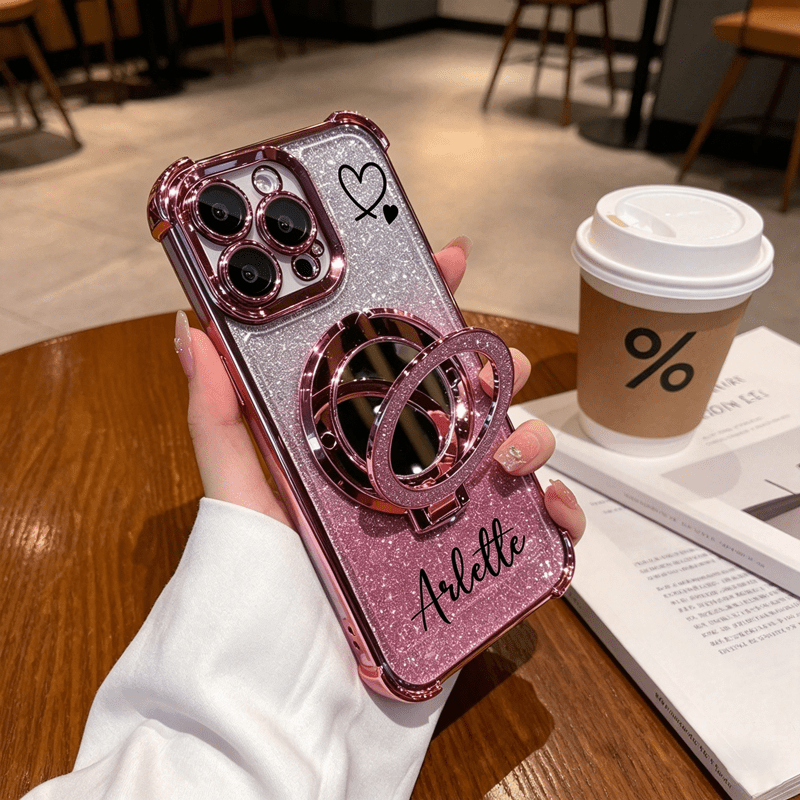 TEMU Phone Case: Personalized Custom Name Glitter Phone Case With Makeup Mirror Kickstand, Shockproof Protective Cover With Camera Lens Protector,