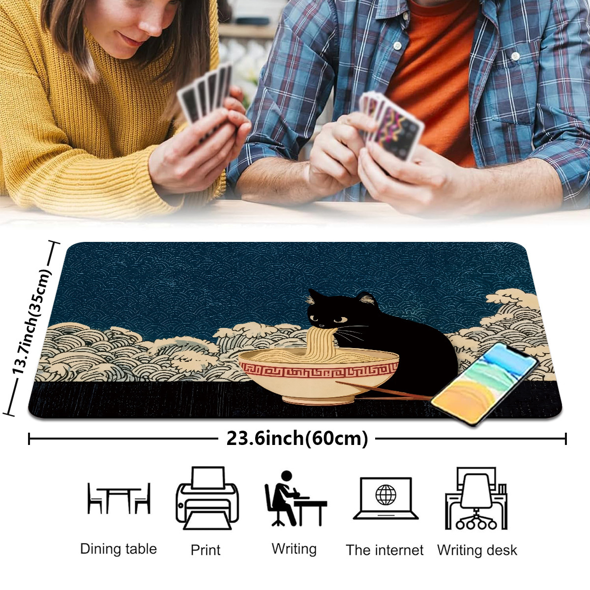 Japanese Style Black Cat Ramen Pattern Card Game Mat, TCG Accessory
