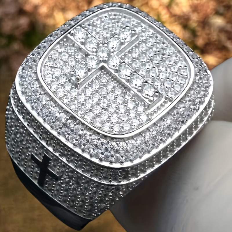 Heavy Craftsmanship Large Square Wide Ring with Full Inlay Zirconia