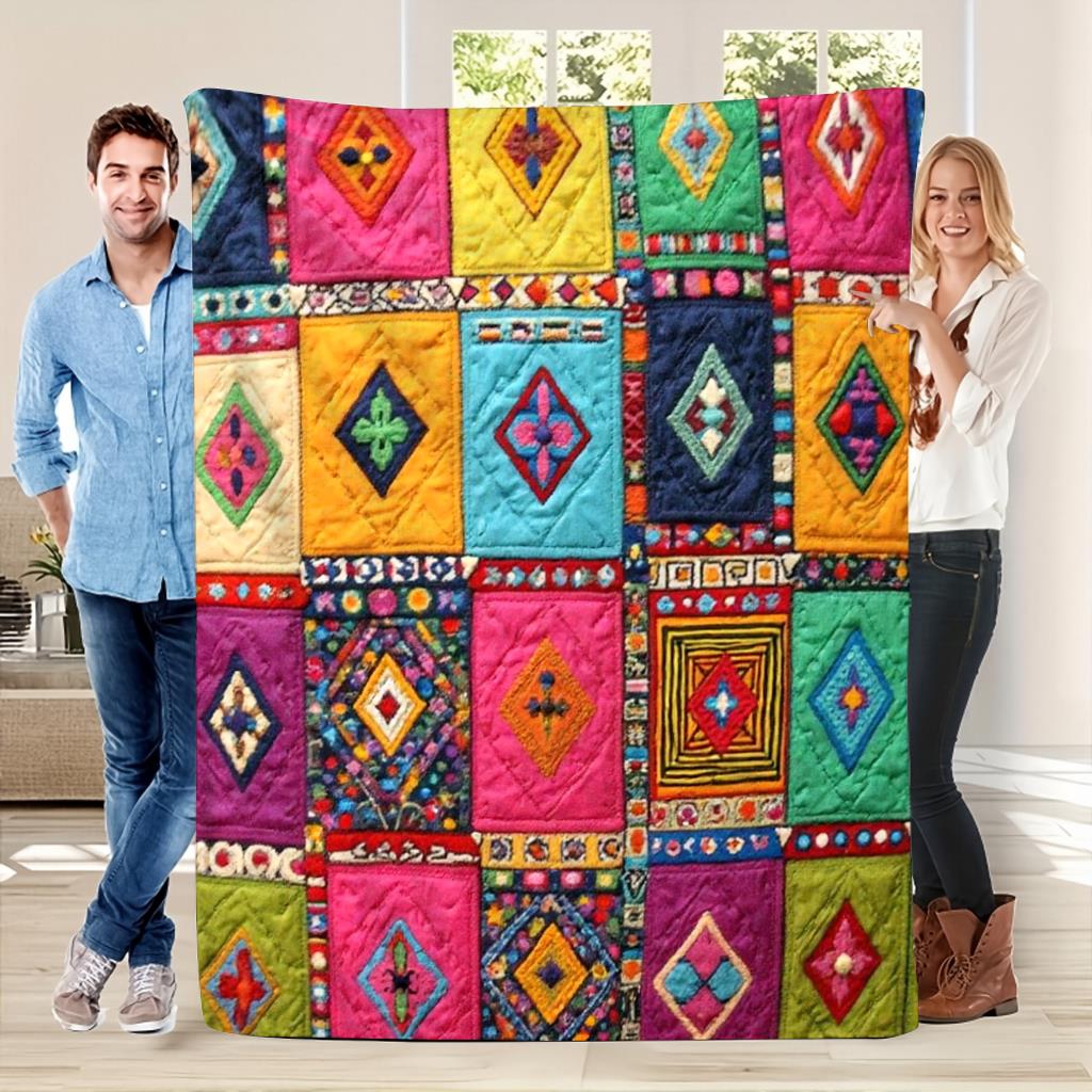 TEMU 1 stuk Boheemse patchworkdeken - Een levendige flanellen deken in etnische stijl met geometrische en bloempatronen, zacht en warm, geschikt voor