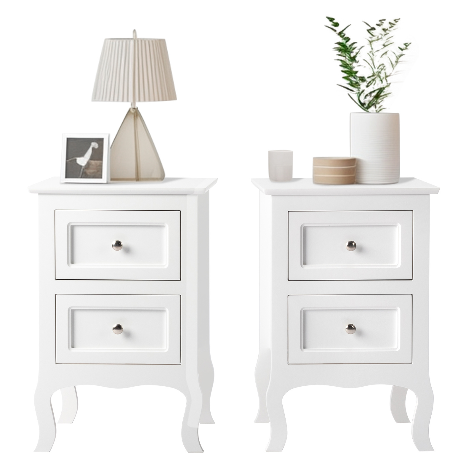 Image of Mid-century Nightstand Set Of 2 For Bedroom, Vintage Small Night Stand With Drawers, Farmhouse Side Table, Wooden End Tables With Curved Legs For Office