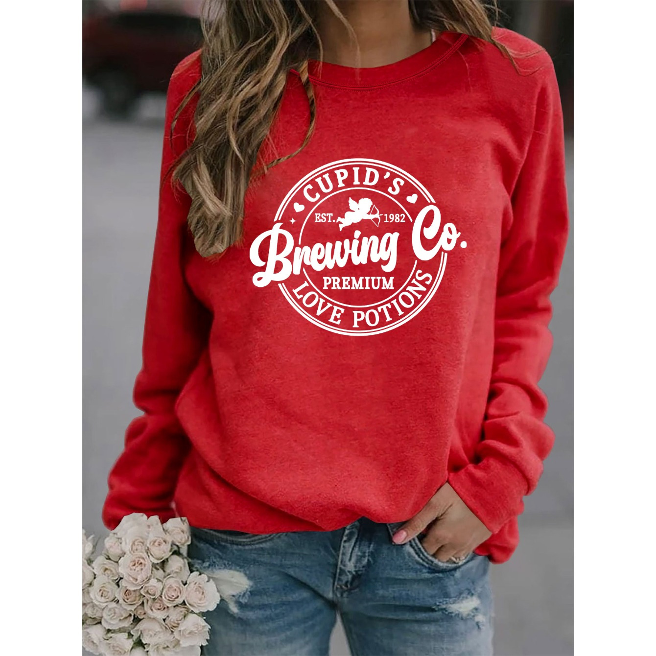 

Valentine's Day Love Print Red Sweatshirt - Casual Crew Neck, Long Sleeve, Stretchy Polyester , Machine Washable - Women'