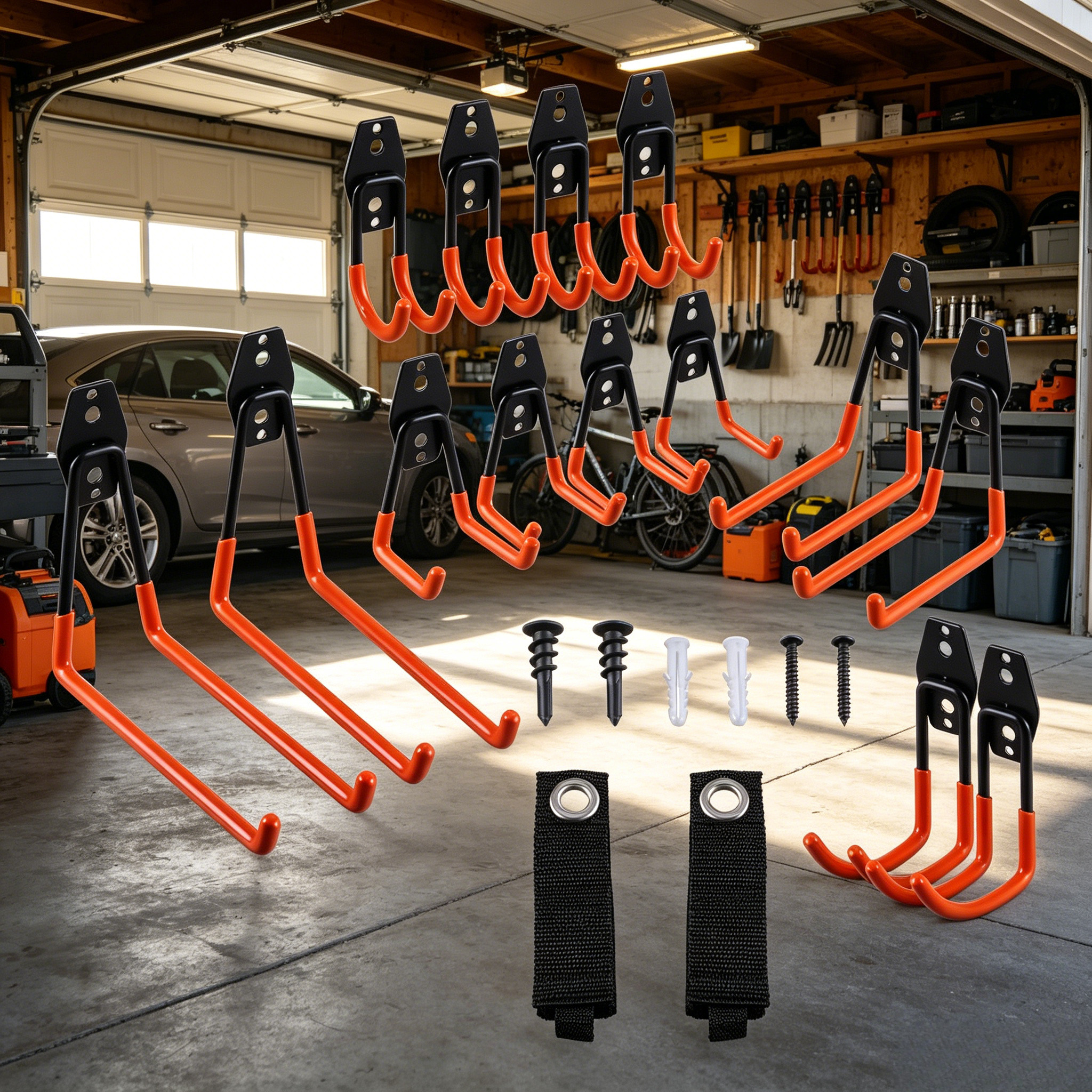Image of 14pcs Steel Wall Hook Set - Assorted Sizes, U-shaped And L-shaped, Orange, Double Hooks, Heavy-duty, Storage Racks For Garage And Workshop Tools And Equipment