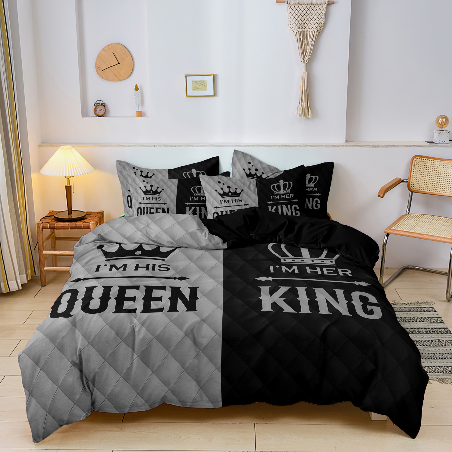 TEMU 3pcs Crown Couple Pattern Bedding Duvet Cover Set, Using A Dormitor, (including 1 Duvet Cover & 2 Pillowcase No Comforter, No Pillow)