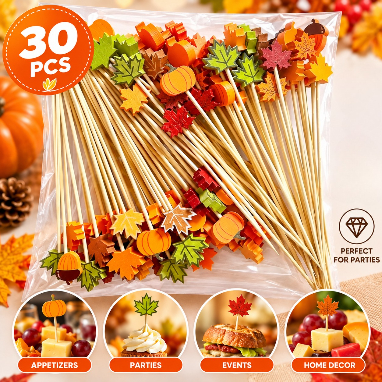 TEMU Set Of 30 Harvest-themed Fruit Picks (, Pumpkins, ) - Suitable For Dinner Parties, Family , And Outdoor Camping; Ideal For Decorating Fruits,