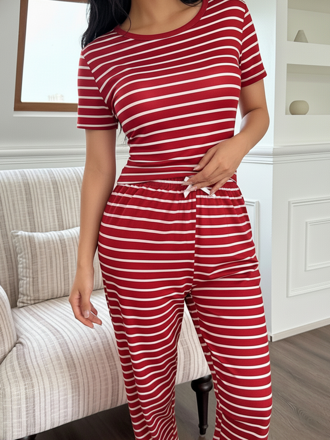 Women'S Red And White Striped Short-Sleeve Round-Neck Top And Long Pants Casual Pajama Set