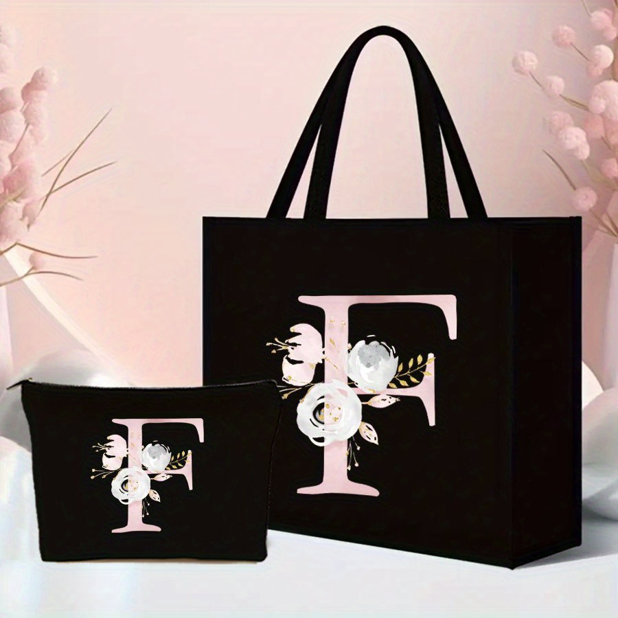 TEMU 2pcs Pink Flower Letter Pattern Tote Bag Set - Lightweight Burlap With Adorable Coin Purse - Perfect For Shopping, Travel & Beach - Durable &