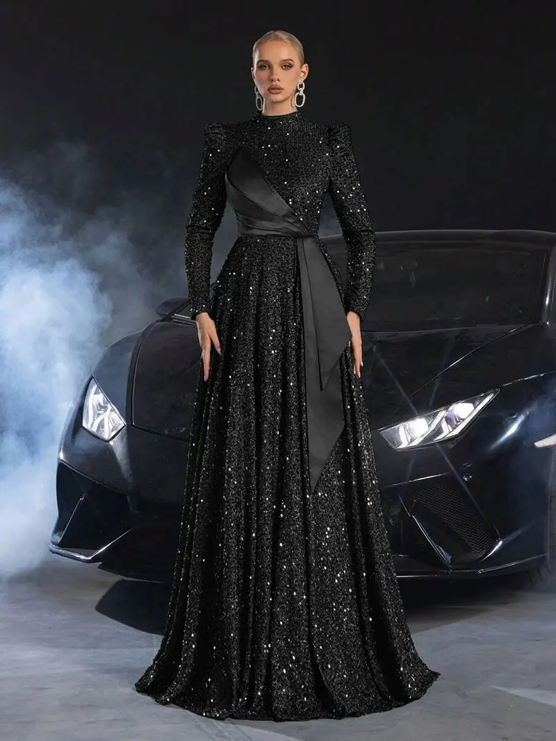 winter party dress long Long Sleeve Evening Dress