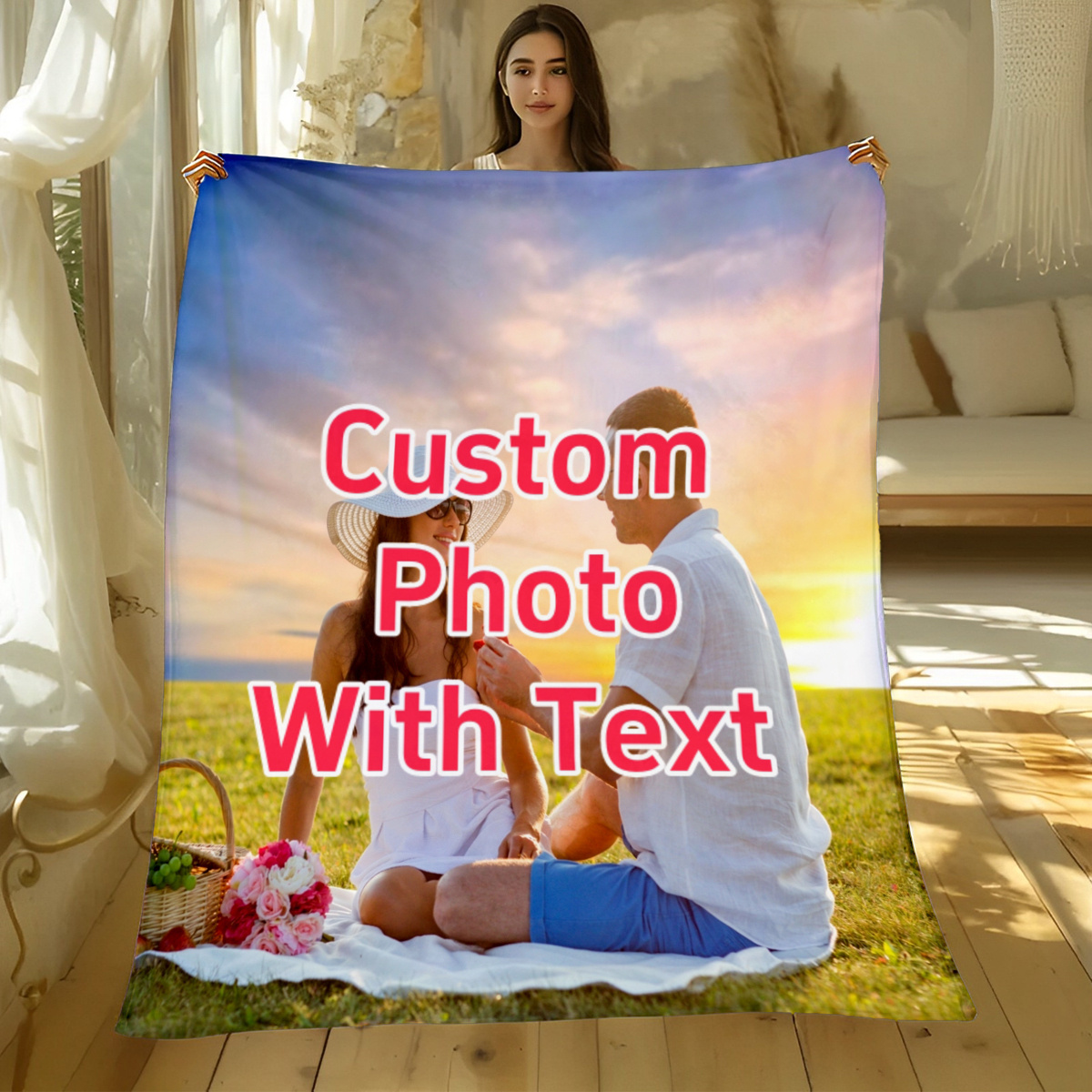 

Custom Photo Blanket Set - Personalize With Your Own Picture & Text, Birthdays, Weddings, Graduations, Christmas - Cozy Flannel Gift For Family, Pets, Adults - , Personalized Blanket