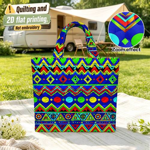 quilted and 2d flat printing non embroidered 1pc colorful tribal geometric shoulder bag stylish lightweight tote for casual gathering and grocery shopping 2d flat