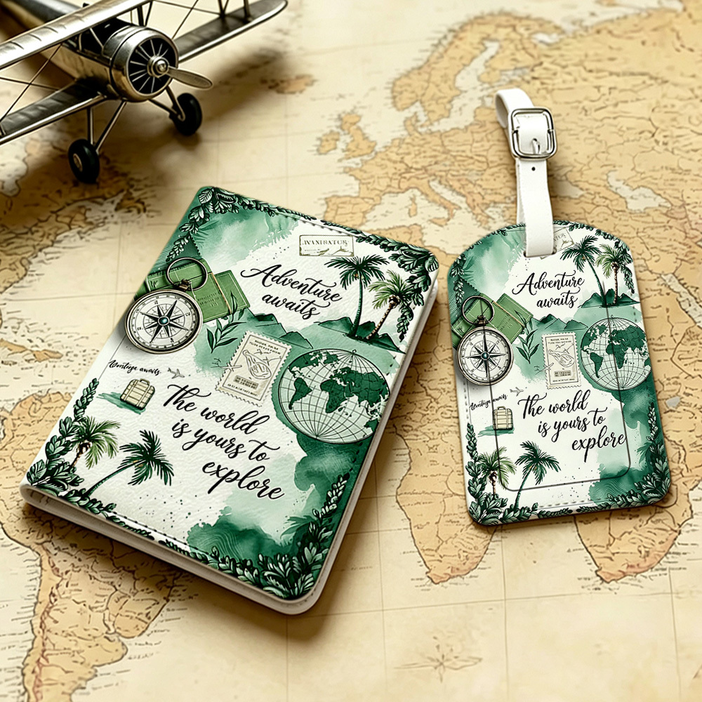 TEMU 2pcs Passport Holder Luggage Tag Set With Adjustable Strap Theme Open Closure - Foldable Lightweight Travel Suitable For Boarding Passes, Id