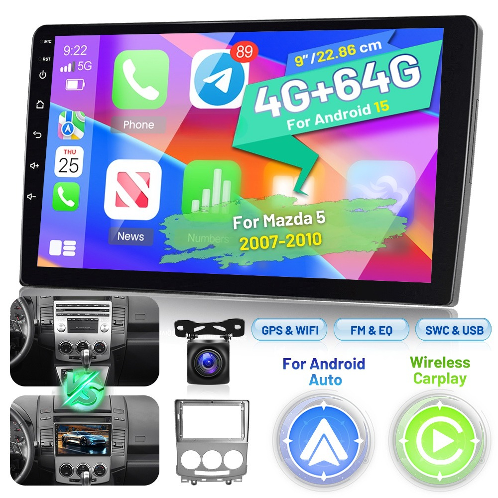 Image of For 5 2007-2010 Car Stereo With / Auto, 9-inch 15 Touchscreen, 64gb/4g, Gps Navigation, Ahd Rear View Camera, Wireless, Steering Wheel Control, Fm/rds Radio, Wifi, Usb, Mic - Compatible With