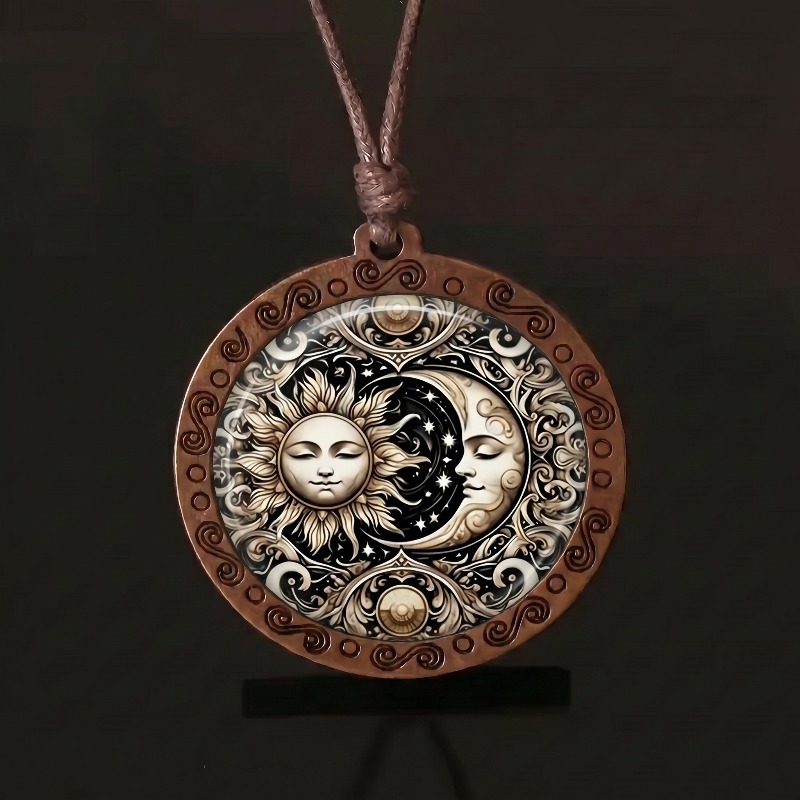 TEMU Collana con ciondolo in legno a ruota e della luna, unisex, cordino regolabile, per uso , accessorio , regalo per feste di compleanno