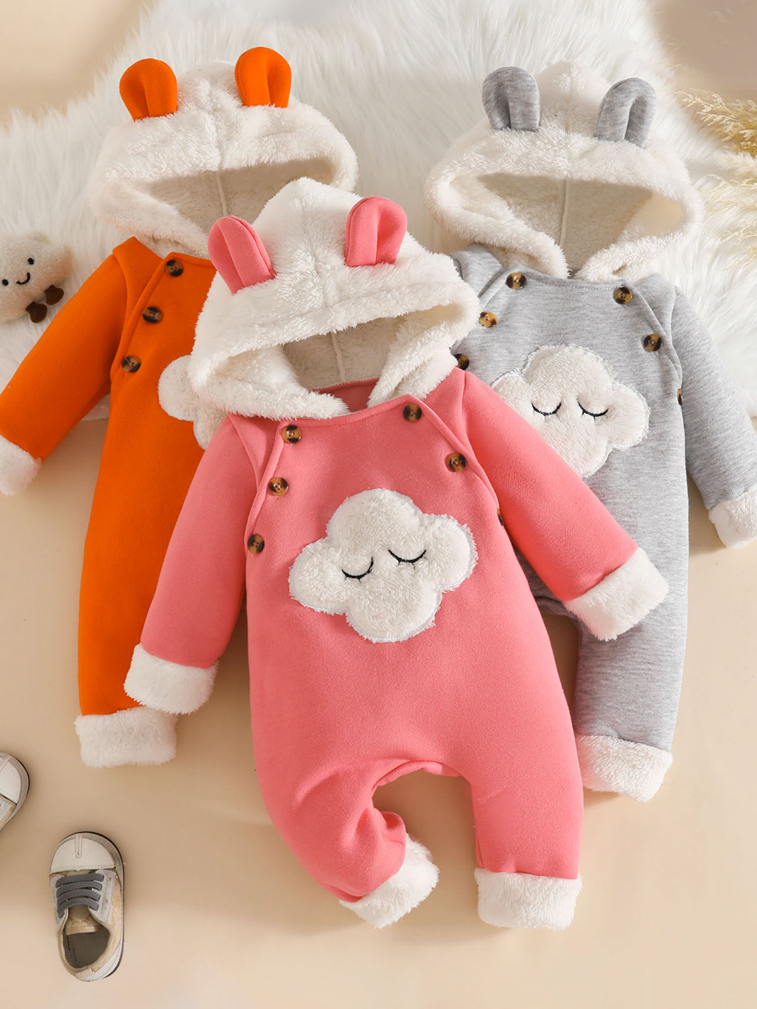 cozy cute cartoon animal horn hooded fleece jumpsuit for baby